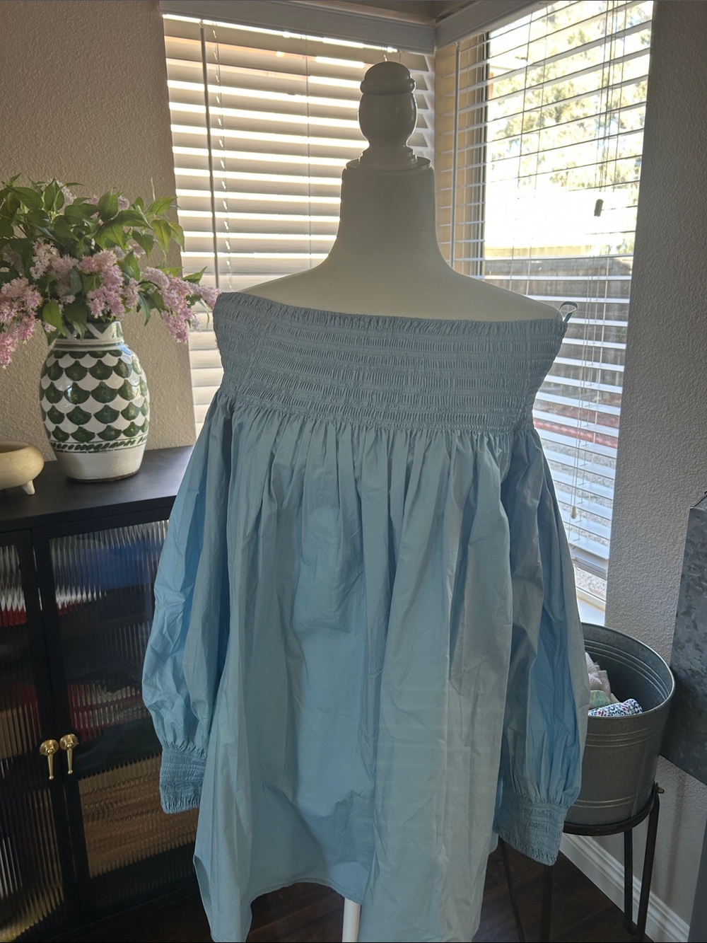 COS Light Blue Off-Shoulder Smocked Blouse